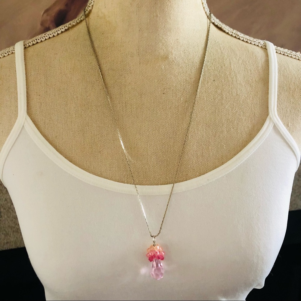 Faceted pink glass crystal cluster pendant on silver chain necklace